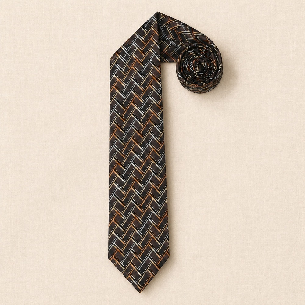 Roberto‎ Villini Couture Silk Necktie Basketweave Jacquard Brown Copper Blue OS